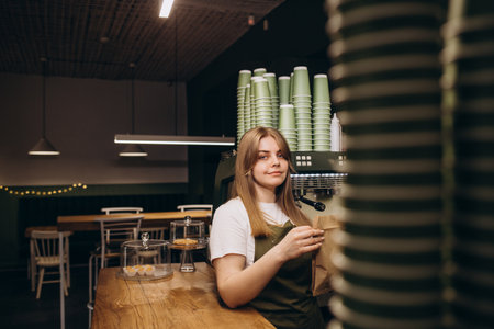 Coffee Business owner Concept - attractive young beautiful caucasian barista in apron smiling at camera in coffee shop counter.の写真素材