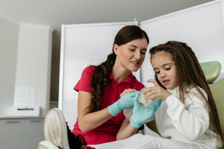 Girl in dentist's office shows how to brush your teethの写真素材