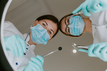First person view of a young female dentist in mask approaches with Tools. media. Young doctor...