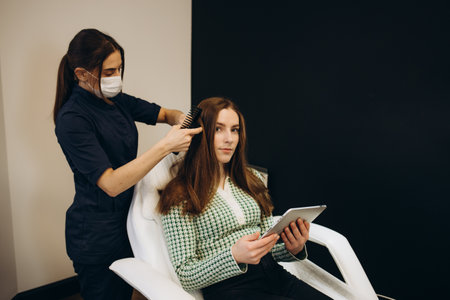 Woman visiting dermatologist at clinicの写真素材