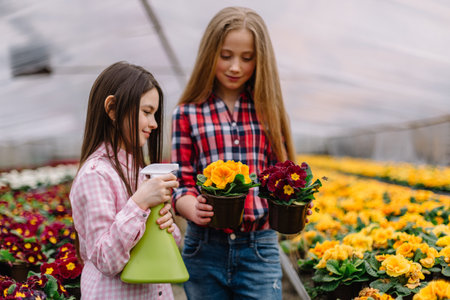Girls watering flowers in the garden.の写真素材