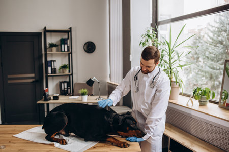 My best patient. Cheerful middle aged male vet in work uniform holding a pug and smiling while standing at veterinary clinicの写真素材