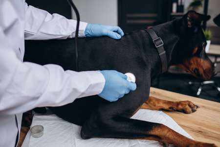 Vet listening doberman dog with stethoscope in veterinary clinicの写真素材