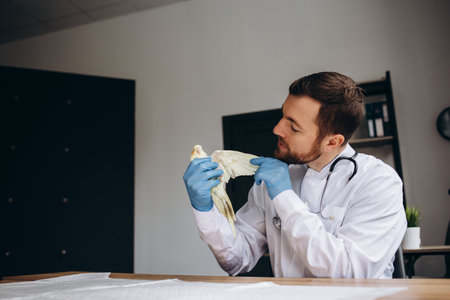 Veterinarian examining sick African gray parrot with stethoscope at vet clinicの写真素材