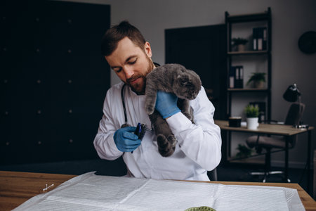 Handsome male doctor veterinarian is examining cute gray cat at vet clinic. Checking the teeth.の写真素材