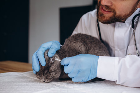 Image of a beautiful cat being examined by a doctor. Veterinary concept. mixed mediaの写真素材