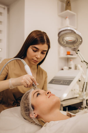Woman undergoing procedure of vacuum hydro peeling in beauty salon