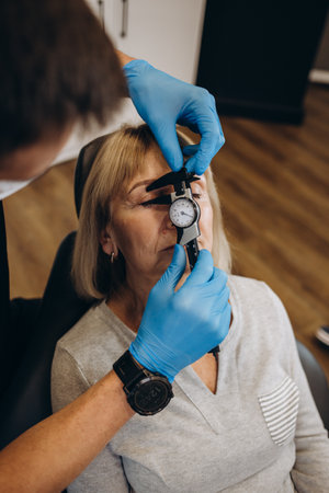 beauty, plastic surgery and cosmetology concept - senior woman and surgeon hand with syringe over blue backgroundの写真素材