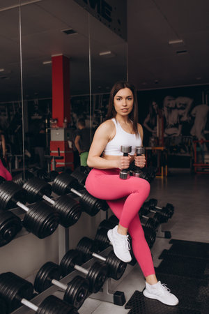 A young athletic girl does exercises using sports equipment.の写真素材