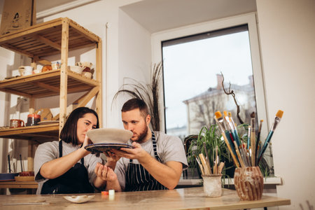 couple of potters decorating ceramic bowl in workshopの写真素材