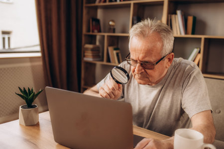 An older man holds a magnifying glass in his hand and looks at a laptop