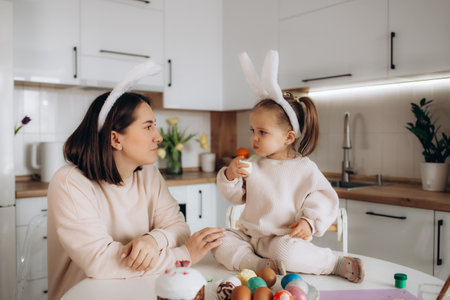 happy easter. A mother and daughter painting Easter eggs. Happy family preparing for Easter. Cute little child girl wearing bunny ears on Easter day.の写真素材