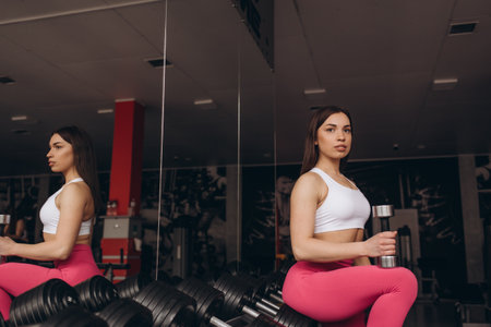 Fit young woman sitting and resting after workout or exercise in fitness gym. woman at gym taking a break and relax with water in sportswear. Fitness concept, Healthy, Sport, Lifestyleの写真素材