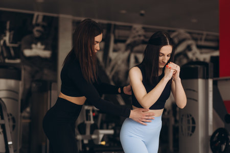 Female personal trainer corrects and advises her brunette client during training in the gym.の写真素材