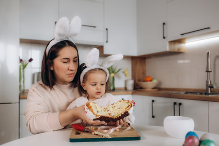 excited mother and child looking at easter bread near easter eggs, decorative rabbits and tulipsの写真素材
