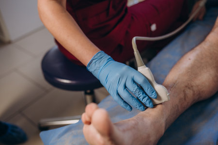 closeup hand of woman doctor doing an ultrasound of the legs of a man and kneeの写真素材