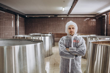 A handsome brewer examines beer from tanks in a brewery.の写真素材