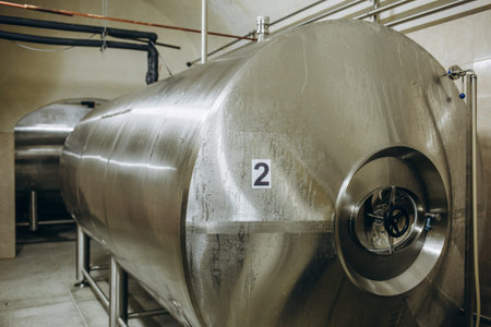 Row of shiny metal micro brewery tanks.