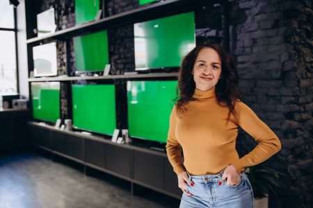 a woman in an electronics store chooses a TV on the background of TVs with a green screen.の写真素材