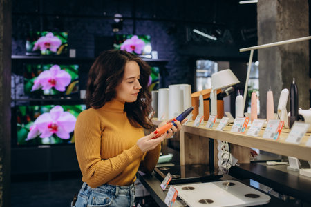 a woman in an electronics store chooses a toothbrush.の写真素材