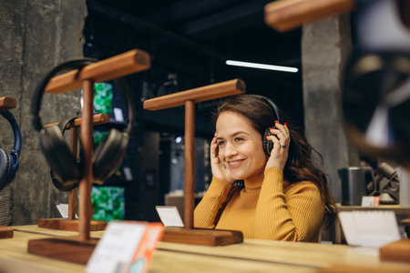 Close up of cute stylish happy girl testing and choosing headphones in a tech storeの写真素材