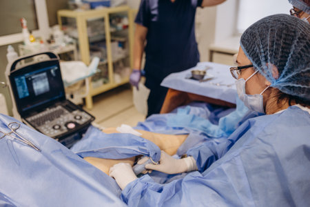 A phlebologist performs an ultrasound of the legs for varicose veins using a modern.の写真素材