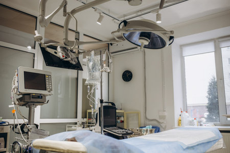 Establishing Shot of Technologically Advanced Operating Room with No People, Ready for Surgery. Real Modern Operating TheaterWith Working equipment, Lights and Computers Ready for Surgeons.の写真素材