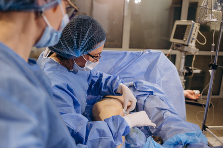doctor and an assistant in the operating room for surgical venous vascular surgery clinic.の写真素材