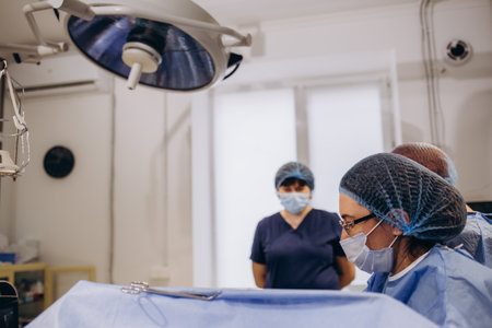 Doctor during surgery in operating room. Professional female doctor performing operation in surgery room. Plastic surgery close-up.の写真素材