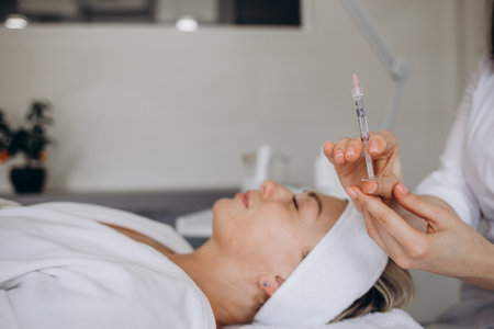 Beautician doctor with botulinum toxin syringe making injection to remove crow's feet. Cheek volume enhance mesotherapy. Anti-aging treatment and face lift in cosmetology clinic.の写真素材
