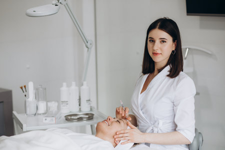 Portrait of beautiful young nurse in latex gloves holding syringe for injectionの写真素材