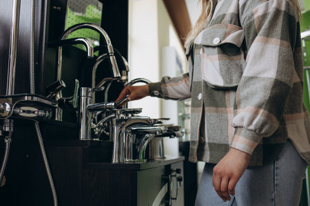 Smiling woman inspects and chooses new kitchen or bath tap faucet at a hardware store