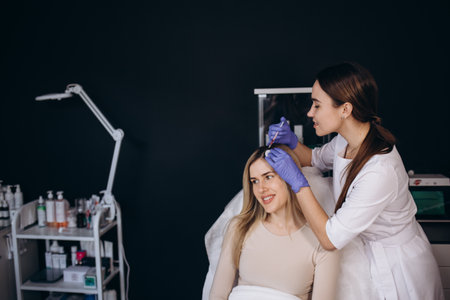 Young beautiful woman receiving hair mesotherapy injections from a professional trichologist. Doctor's hands in pink gloves. Hair treatment in cosmetology using mesotherapy. Injection to the headの写真素材