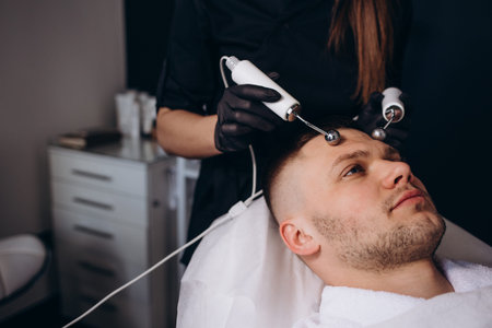 Microcurrent therapy close up. Hands of cosmetologist, male face