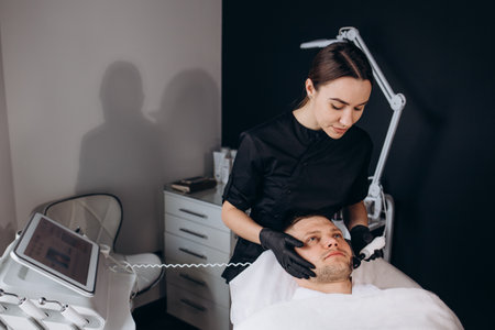 Cosmetologist is cleaning the young man's face from acne and scars by ultrasonicsの写真素材