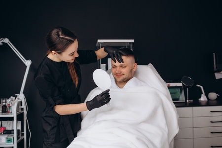 Consultation in cosmetology clinic. Female professional beauty doctor talking with pretty young menの写真素材