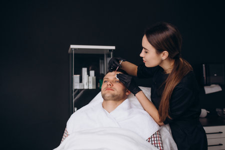 Male client during filler injections in aesthetic clinic medical.の写真素材