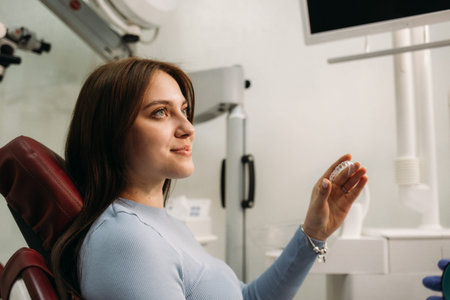 Close-up of a young Caucasian woman holding an invisible aligner that she wants to put on her teeth. Dental treatment concept.の写真素材