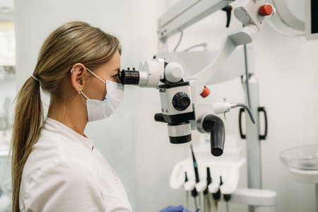 Female dentist using dental microscope treating patient teeth at dental clinic office