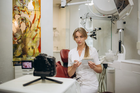 young caucasian woman dentist blogger blogging, online consultation, recording video call at smartphone at home office about tooth cavity hygiene, proper teeth cleaning, toothbrush and toothpaste.の写真素材