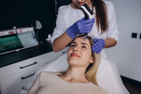 Close up of beautician hands in sterile gloves using dermapen during skincare procedure. Young woman receiving facial treatment in beauty salon. Concept of skincare and collagen induction therapy.の写真素材