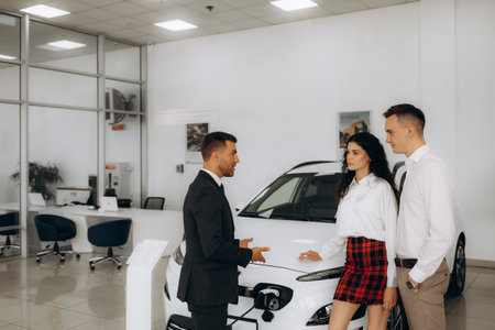 manager selling electric cars to a young couple in a car dealership.の写真素材