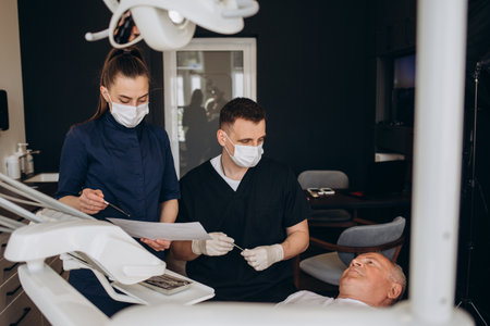 Happy and smile senior man 70-75 years old with white teeth on review of a dentist, sitting in chair dental clinic. Looking at young dentist doctor. Dental care for older people. health care conceptの写真素材