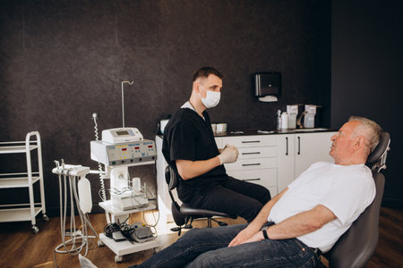 Young dentist and his assistant treating elderly manの写真素材
