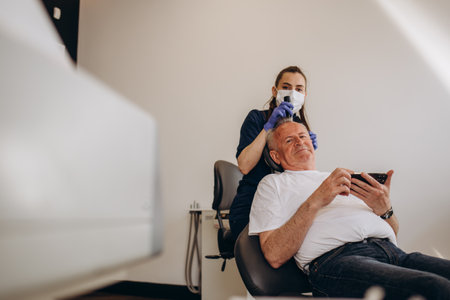 Senior man is being examined by a trichologist. hair care concept.の写真素材