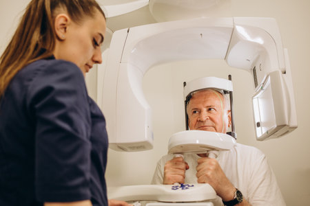 a senior man takes an x-ray of his head.の写真素材
