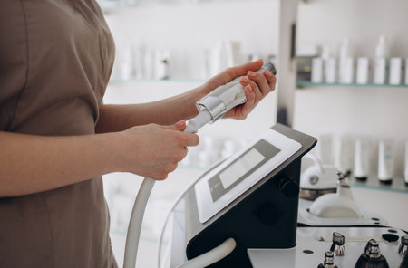 A woman holds an apparatus for LPG massage of a roller vacuum for weight loss and cellulite correction against the background of an cabinet and monitor for turning on the LPGの写真素材