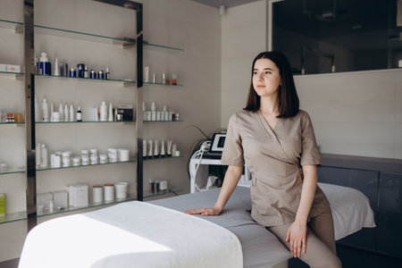 Beautician in the cosmetology office. Cosmetologist doctor dermatologist in a beauty clinic. facial skin treatment. beauty treatments.の写真素材