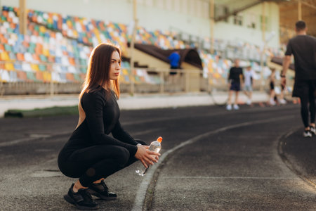 fitness and sports. Teenage girl sitting at the stadium and drinking water after work out.の写真素材