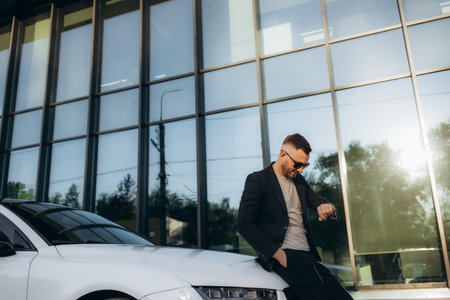 Businessman with smartwatch at modern charging station for electric vehicle with background of...